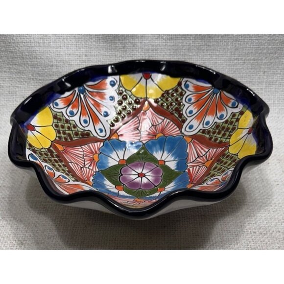Colorful Floral Handmade Mexican Art 9” in Talavera Bowl with Fluted Edge - Picture 2 of 7